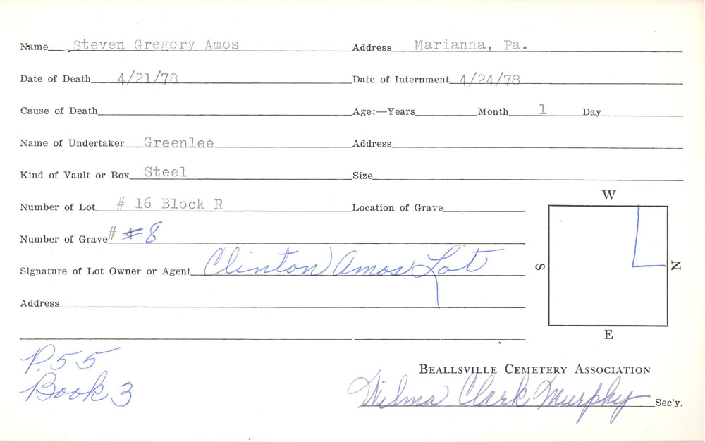 Steven Gregory Amos burial card